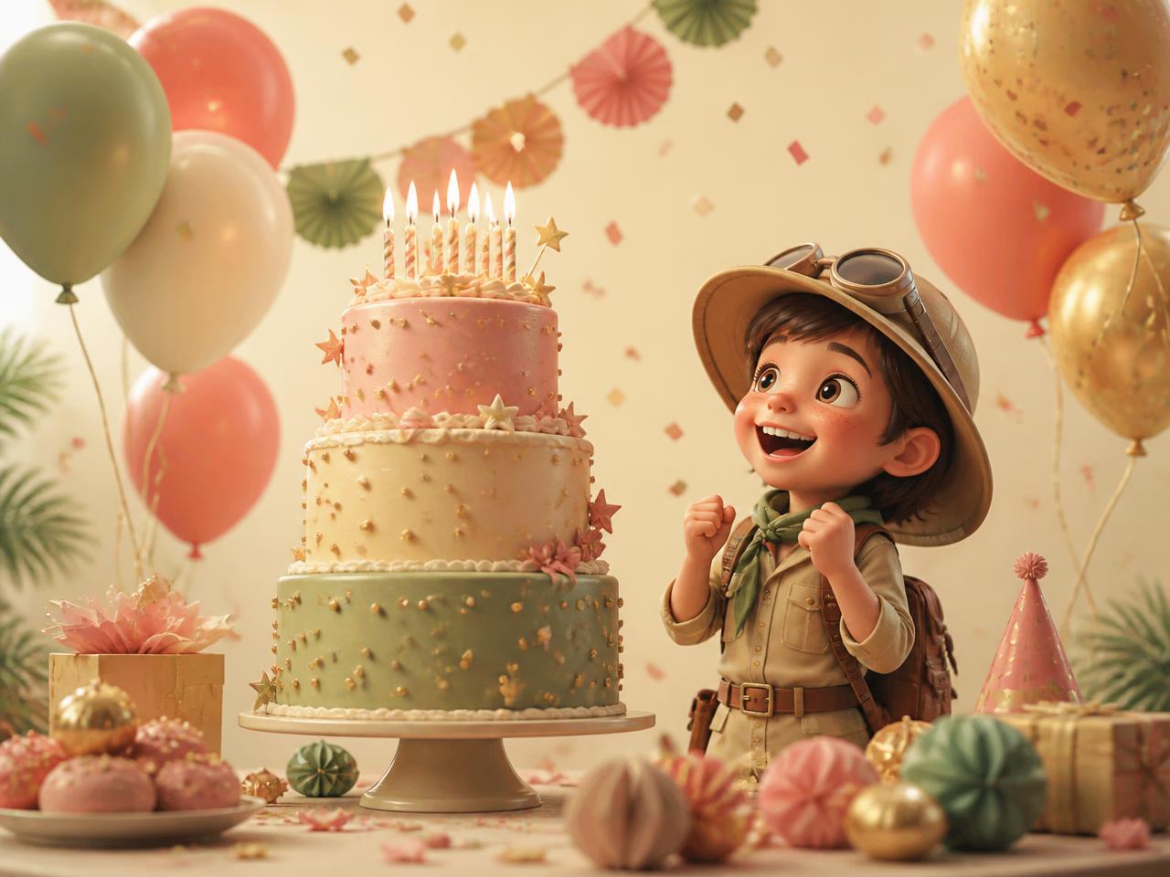 Illustration d'un anniversaire : gâteau, ballons, confettis, invitation, carte au trésor et médaille