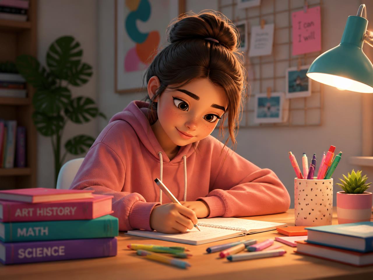 Illustration scolaire : cahiers, crayons, livre ouvert, fiches et diplôme