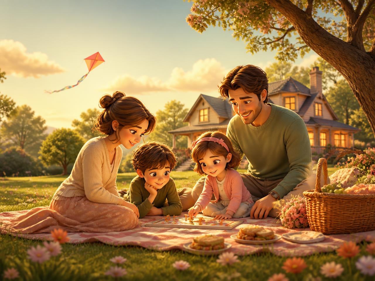 Illustration de famille : parents et enfants, maison, jeux de société et calendrier