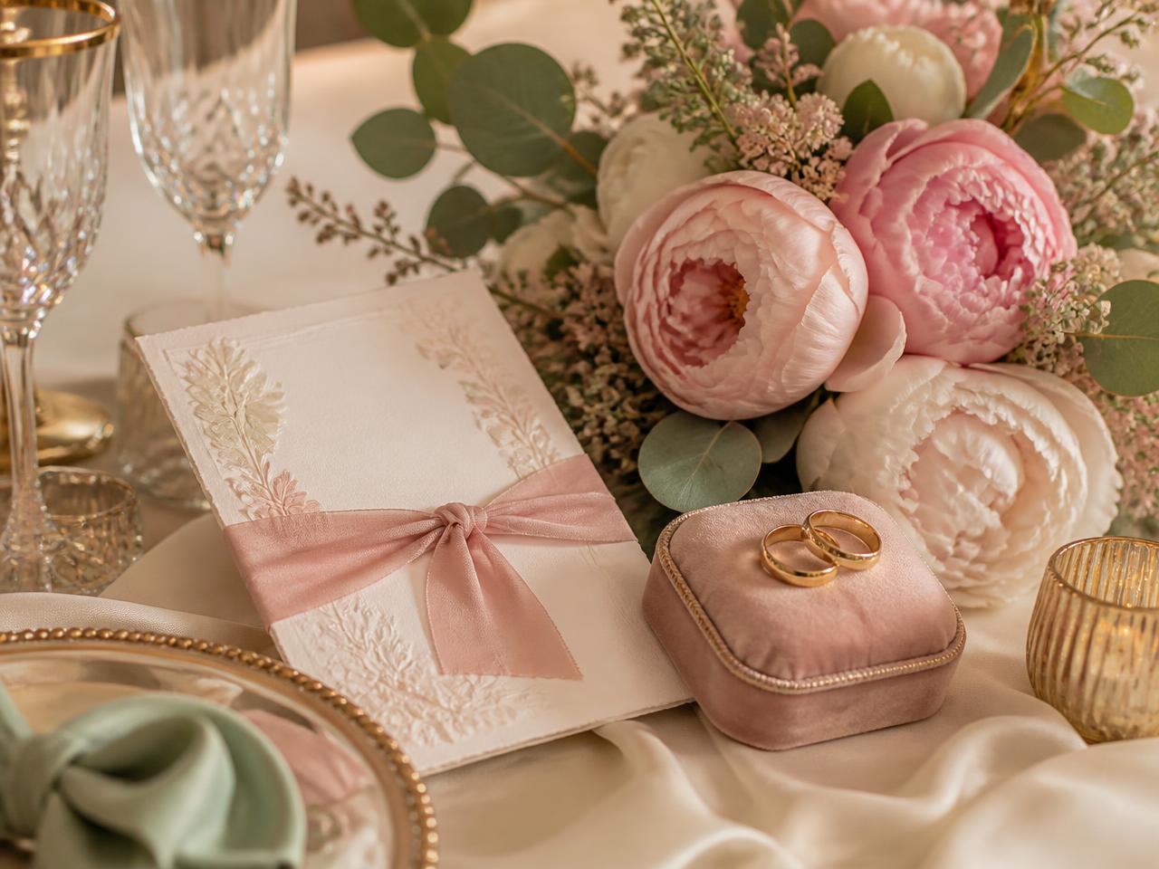 Illustration de mariage : alliances, bouquet, invitation, table dressée et planning