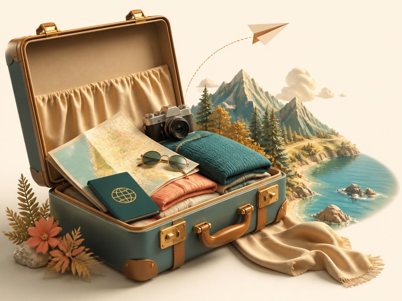 Illustration de voyage : valise ouverte, passeport, carte, avion et appareil photo
